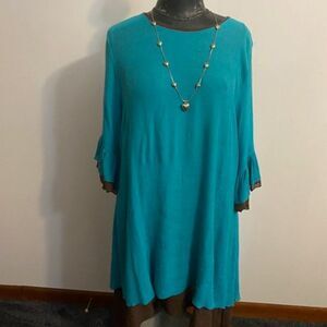 Sassybling  Turquoise/Brown Asymmetrical Layered Ruffle sleeves dress, size XL